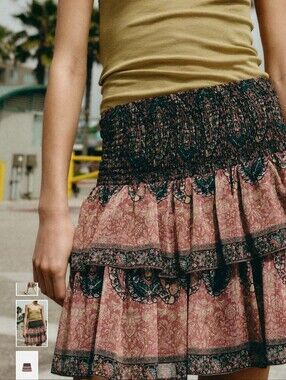 Zara Pink Paisley Tiered Mini Skirt with Black Trim